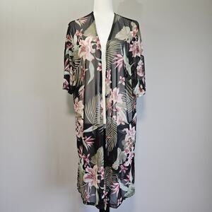 Love Maternity Duster OS Sheer Pink Floral Wrap Black Longline Coverup Cruise
